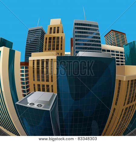 illustration of fisheye lens cityscape view. city