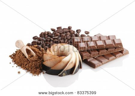 Chocolate Dessert, Coffee, Chocolate, Kako Powder And Coffee Beans  On White Background Isolate