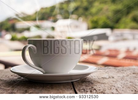 Moning Coffee On Old Wooden Table