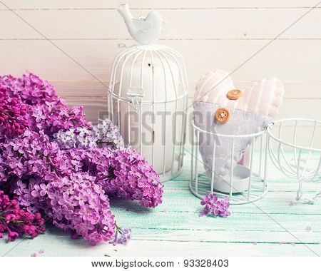 Background With  Lilac Flowers And Candle And Heart