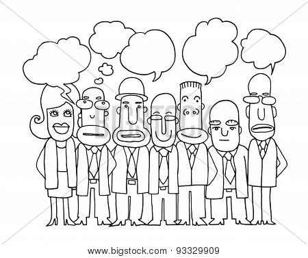 Team Of  Business People Stand And Talk In Speech Bubbles