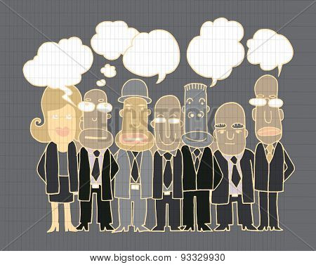 Team Of  Business People Stand And Talk In Speech Bubbles