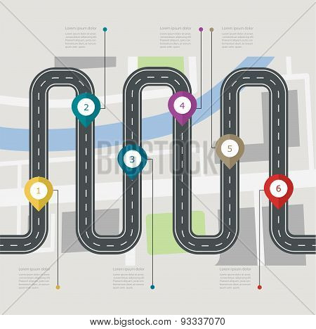 Road Infographic Stepwise Structure With Pin Pointer. Navigation Concept With City Map