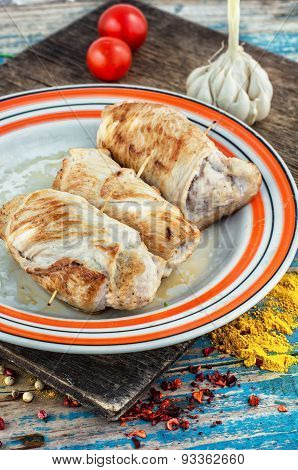 Set Fried Meat Sausages On Wooden Background