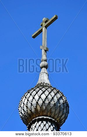 Wooden Orthodox Cross On A Blue Sky Background.
