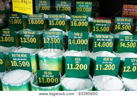Rice varieties in buckets for sale in Vietnam