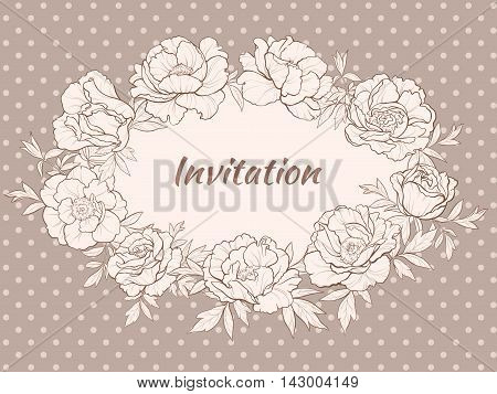 vector frame with peonies on brown background