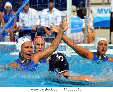 Budapest, Hungary - Jul 16, 2014. DI MARIO Tania (ITA, 7) the captain of Italy defending against french players. The Waterpolo European Championship was held in Alfred Hajos Swimming Centre in 2014.