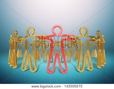 3D rendering Circle of golden people joining together empowering the team to achieve the goal business concepts. isolated on blue gradient background with clipping paths and copy space.