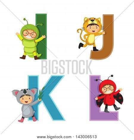 English alphabet with kids in animal costume I to L letters