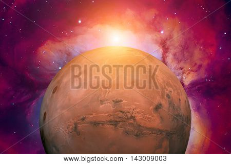 Solar System - Mars. It is the fourth planet from the Sun. Mars is a terrestrial planet with a thin atmosphere, having craters, volcanoes, valleys, deserts. Elements of this image furnished by NASA