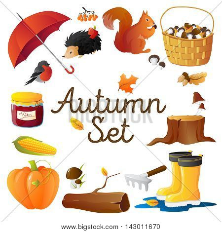Round composition of autumn seasonal attributes with red umbrella  pumpkin mushrooms rakes and hedgehog isolated vector illustration