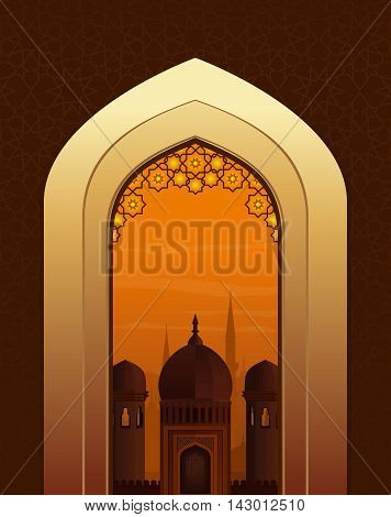 Ramadan Kareem beautiful greeting card. View of the Arab city through the arch at the mosque. Vector illustration