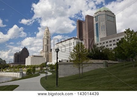 The Scioto Mile waterfront park runs along the Scioto river in Columbus, Ohio.