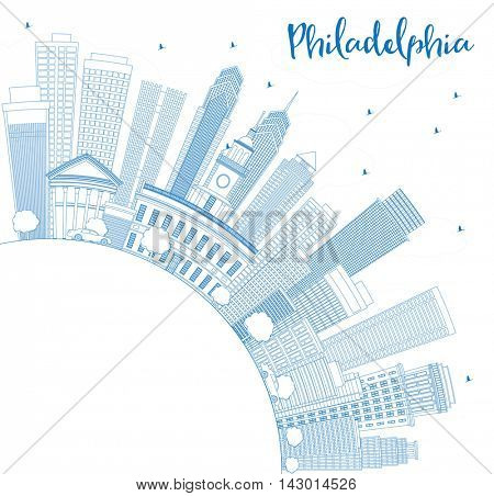 Outline Philadelphia Skyline with Blue Buildings and Copy Space. Vector Illustration. Business Travel and Tourism Concept with Philadelphia City Buildings. Image for Presentation Banner Placard