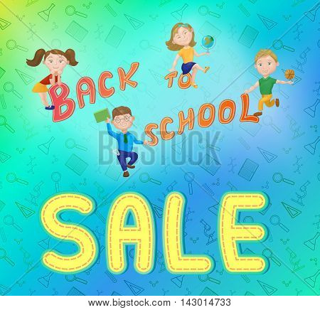 Cute kids playing on backpack. Back to school sale concept banner poster