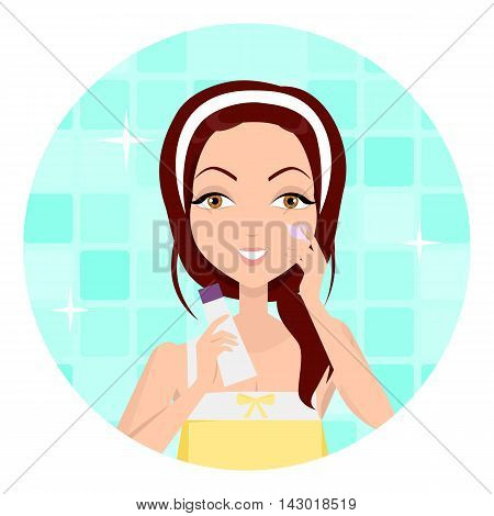 Cleansing. Girl clean her face with lotion. Cleaning with help of sponge. Woman instruction how to make up correctly. Girl cares about her look. Part of series of face care. Vector illustration