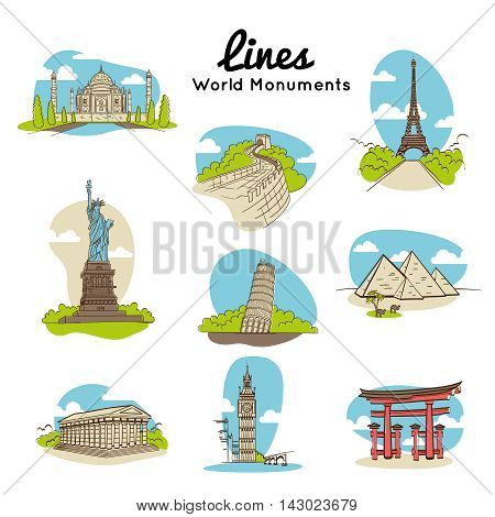 Lines World Monument. Egypt, China, Australia, France, America, England, Freece, India, Italy