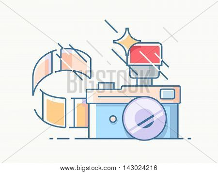 Photo camera with flash film, photo industry, vector icon, line illustration.