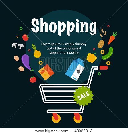 Vector and flat illustration with vegetables and cart