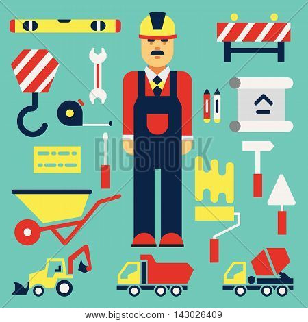 Construction. Engineer with construction elements. Flat illustrations.