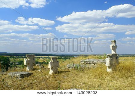 Tombs and crosses the medieval Cossack cemetery on the hill near Devil's rock