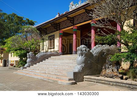 Dragons at the entrance to the old pagoda Lin Sean. Religious landmark  of the city Dalat, Vietnam