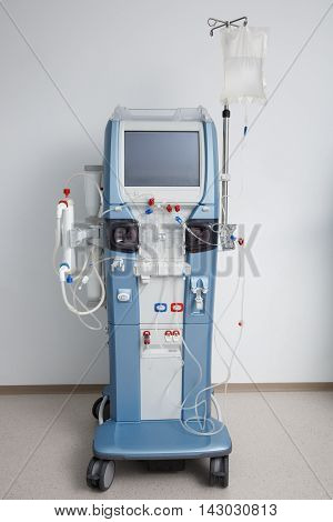 Hemodialysis machine with tubing and installations. Health care blood purification kidney failure transplantation medical equipment concept with copy space.