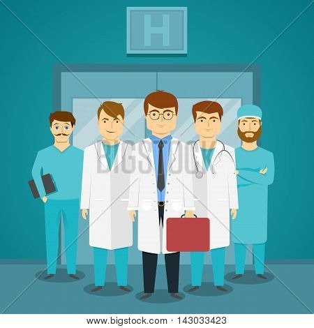 Group of medical specialists in hospital with leading doctor on background of glass doors vector illustration