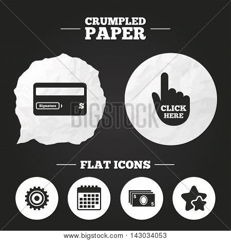 Crumpled paper speech bubble. ATM cash machine withdrawal icons. Insert bank card, click here and check PIN, processing and get cash symbols. Paper button. Vector