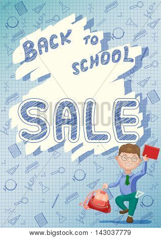 Boy with backpack and book. Back to school sale concept banner poster