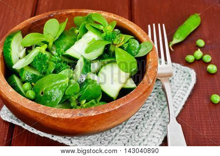 Salad with Cucumber, Purslane and Green Peas on Dark Disks Studio Photo