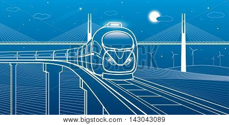 Train goes over the bridge on the background of cable-stayed bridge and wind turbines, transportation illustration, vector design art
