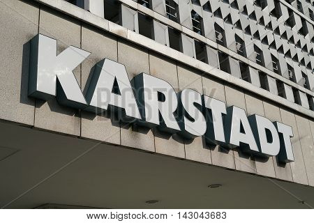 MAGDEBURG, GERMANY - August 13, 2016: Neon sign of a Karstadt branch in Magdeburg. The first Karstadt department was opened in 1881 in Wismar