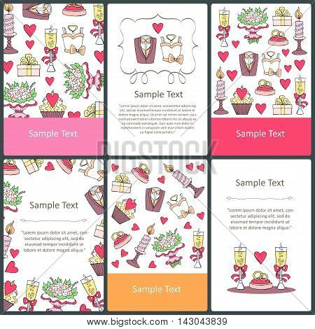 Vector set of prepared cards with hand drawn symbols of wedding. Colored cards on the theme of love. Vector templates. Backgrounds for use in design