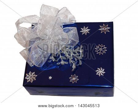 Very luxury wrapping gift with white bow and snowflakes