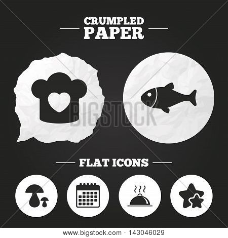 Crumpled paper speech bubble. Chief hat with heart and cooking pan icons. Fish and boletus mushrooms signs. Hot food platter serving symbol. Paper button. Vector