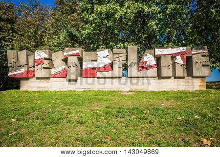 Sign before entering the Museum and Memorial Park of Westerplatte. Westerplatte peninsula in Gdansk (Poland)is- the place where the World War II began.