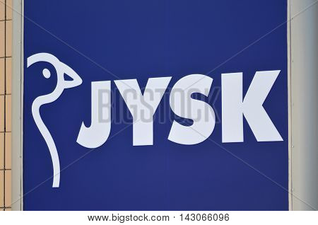 CIRCA AUGUST 2016 - GDANSK:  logo of jysk. Jysk is Danish retail chain selling household goods. It was founded in 1979 by Lars Larsen in Aarhus, Denmark.