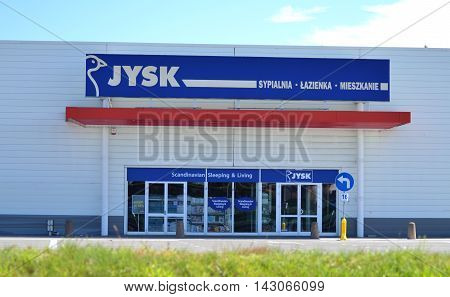 CIRCA AUGUST 2016 - GDANSK:  logo of jysk. Jysk is Danish retail chain selling household goods. It was founded in 1979 by Lars Larsen in Aarhus, Denmark.