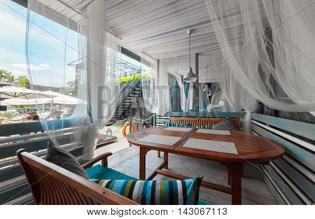 MOSCOW - JULY 2014: Interior of stylish Mediterranean cuisine Italian restaurant - 