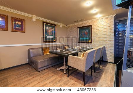 MOSCOW - JULY 2014: Interior of stylish Mediterranean cuisine Italian restaurant - 