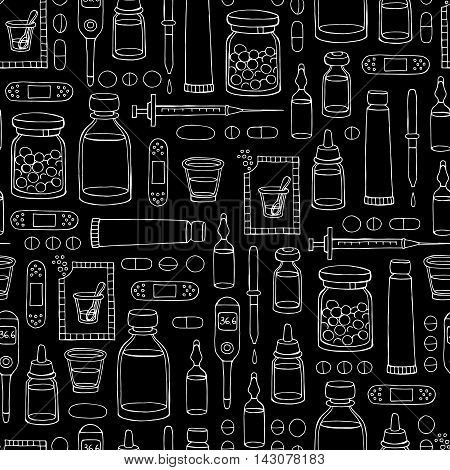 Vector seamless hand drawn pattern on the theme of pharmacy medicine health on black color. Background for use in design, packing, textile, fabrics