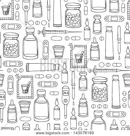 Vector seamless hand drawn pattern on the theme of pharmacy medicine health on white color. Background for use in design, packing, textile, fabrics