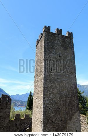 Castle Castello di Vezio tower near Varenna at Lake Como Lake Como Lombardy Italy
