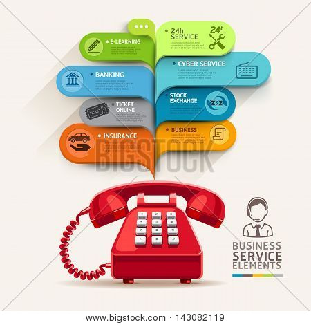 Business service icons and telephone with bubble speech template. can be used for workflow layout diagram number options step up options web design banner template infographics.