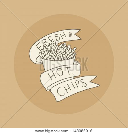 Hand drawn vintage fast food icon, with hand lettering on a ribbon, vector illustration