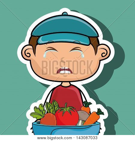 boy cry plate vegetables vector illustration graphic