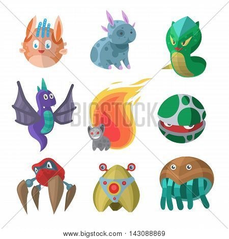 Fantasy monster color grunge character funny design element. Humour emoticon fantasy monsters unique expression sticker isolated. Alien sticker vector fantasy monsters paint crazy animals.