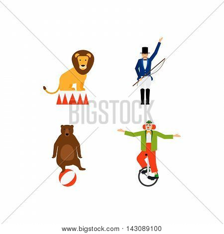 Circus vector flat icons set with lion bear snd clown. Vector illustration
